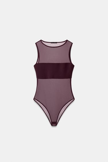 BODYSUIT PHỐI VẢI TUYN - Màu đỏ tía đậm từ Zara