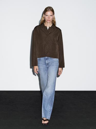 Zara Cropped puffer jacket with covered buttons - Brown - Image 0