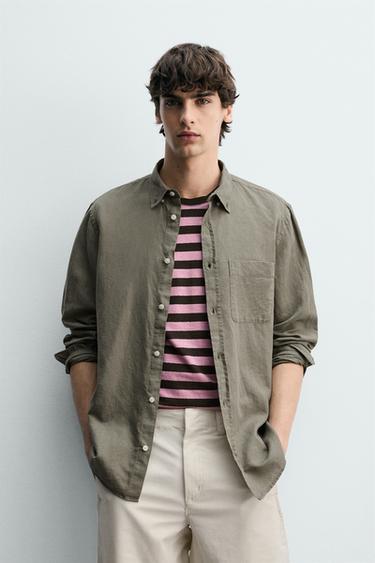 REGULAR FIT LINEN/COTTON SHIRT - Green by Zara