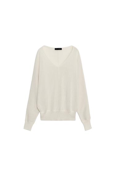 SWETER Z DZIANINY Z DEKOLTEM W SEREK - Ecru Zara