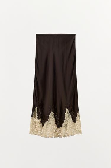 JUPE MI-LONGUE 100% VISCOSE BRODERIES DENTELLE - Marron foncé de Zara - Image 4