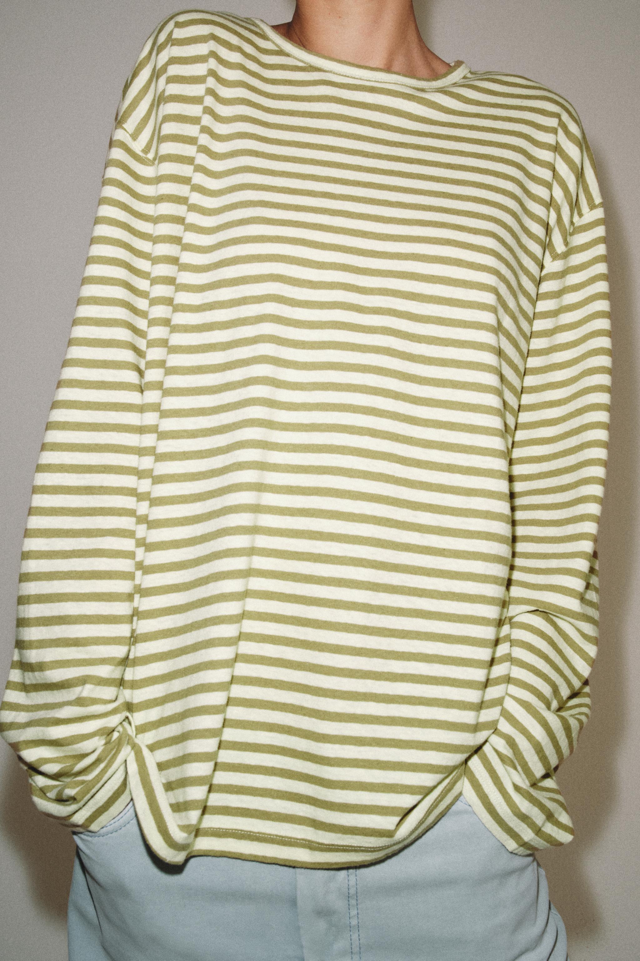 ÇİZGİLİ PAMUKLU KETEN T-SHIRT - Görsel 4
