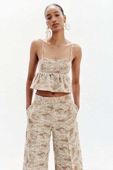 PANTALON JUPE-CULOTTE BRODÉ - Beige / Marron clair de Zara - Image 1