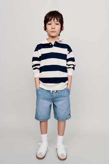 LABELLED DENIM BERMUDA SHORTS WITH DRAWSTRING - Mid-blue by Zara