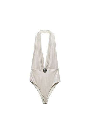 CONCH SHELL FOIL HALTER BODYSUIT