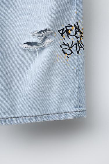 STRAIGHT-FIT DENIM BERMUDA SHORTS WITH RIPS AND GRAFFITI PRINT - Light blue by Zara - Image 3