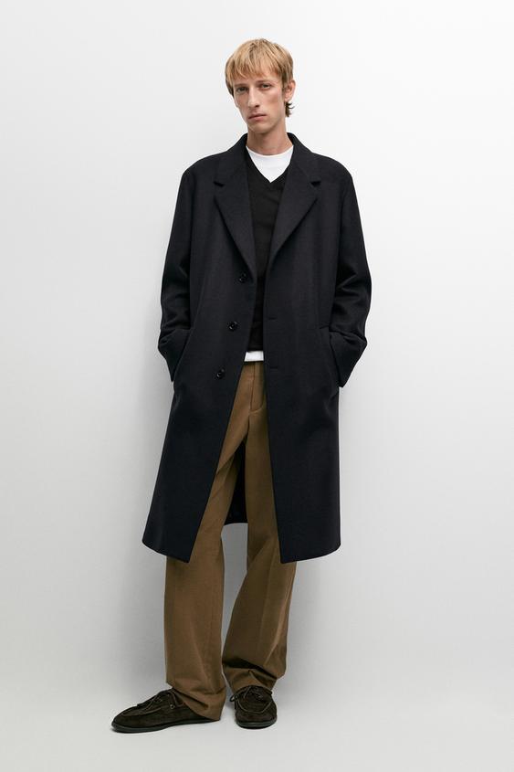 Zara 100% wool coat with lapel collar - Navy blue - Image 0