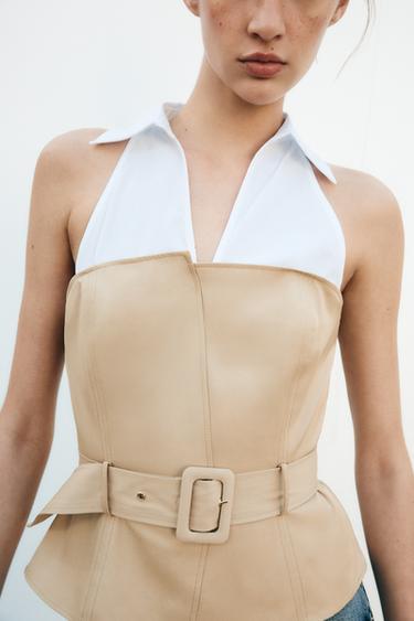 ZARA うま ベージュ ノースリーブ リブ編み ビーズ装飾 サイズM