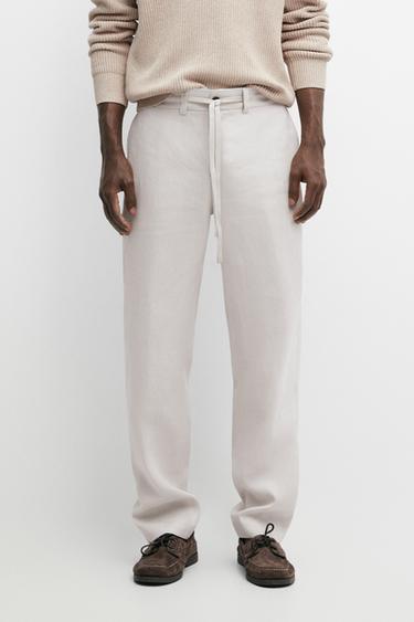 100% linen trousers with elasticated waist — Light beige 2