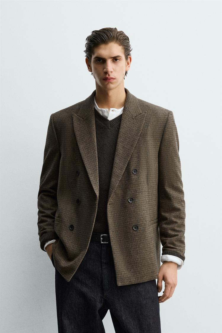ZARA WOOL BLEND CHECK DOUBLE-BREASTED BLAZER