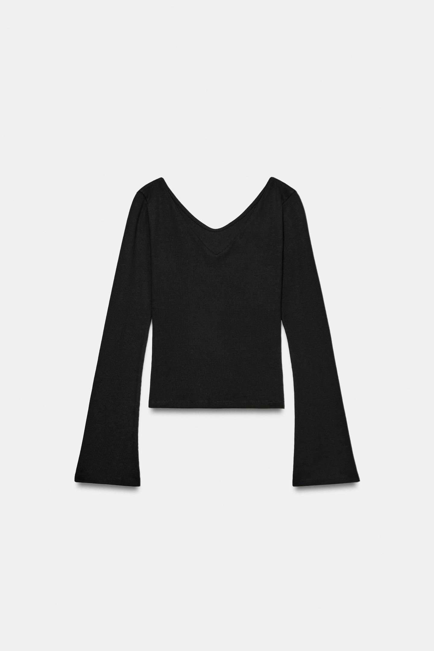 Футболка Zara Ribbed V-NECK, цвет: Чёрный — фото 6