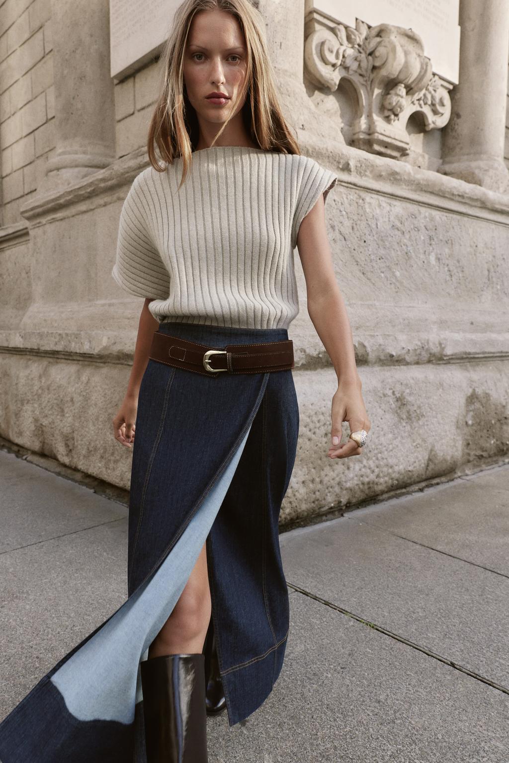 Z1975 BELTED DENIM MIDI WRAP SKIRT