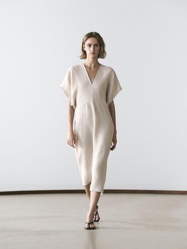 Zara Lightweight short sleeve linen midi dress - Ecru - Image 0