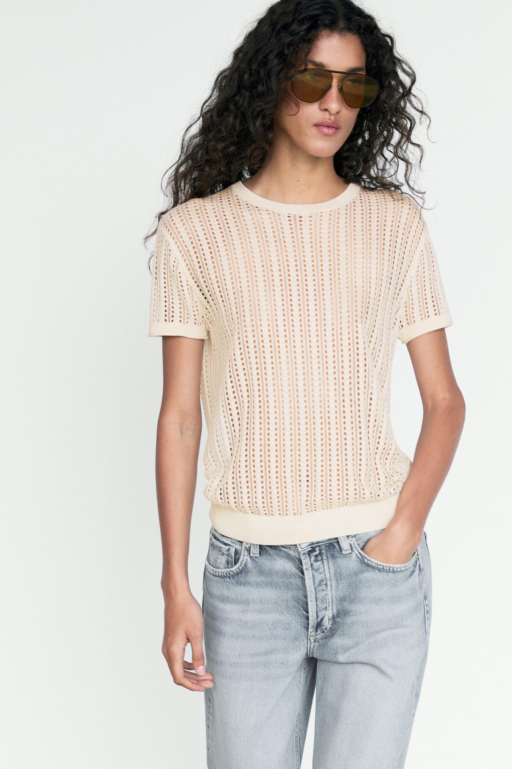 Short sleeve cutwork knit top — Ecru