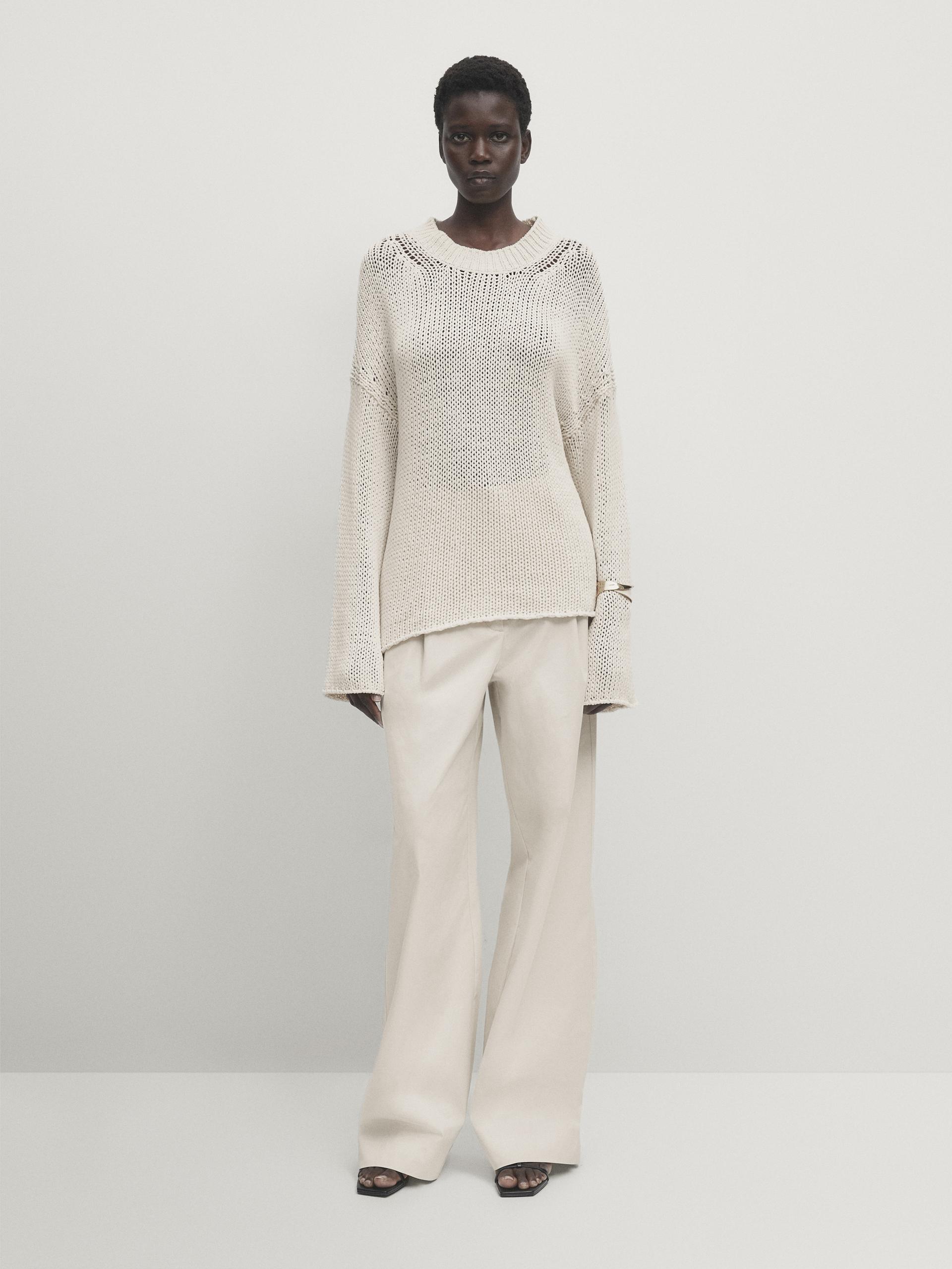 Crew neck knit sweater Ecru ZARA United States