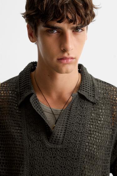 CROCHET TEXTURED POLO SHIRT - Grey green by Zara - Image 5