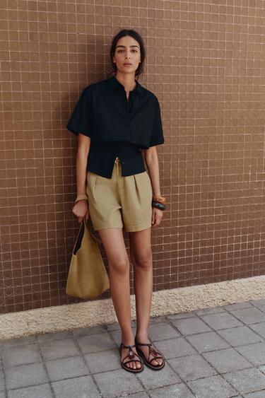 Zara FITTED DOUBLE LAYER LINEN SHIRT - Black