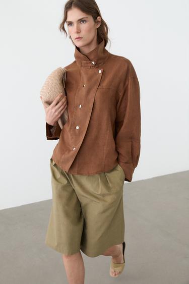 Zara 100% linen snap-button shirt - Mink marl