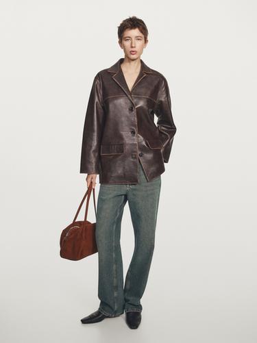 Chaqueta midi piel napa - Marrón de Zara