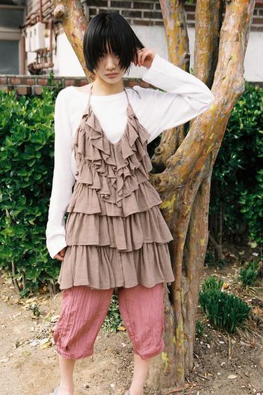 프릴 홀터넥 거즈 원피스 - Zara 라이트 자두