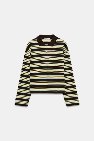 STRIPED LONG SLEEVE POLO SHIRT - Brown-Blue by Zara - Image 5
