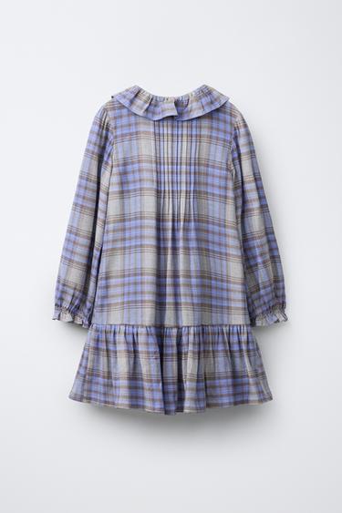 ROBE À CARREAUX AVEC PLIS NERVURÉS - Gris / Bleu de Zara - Image 1