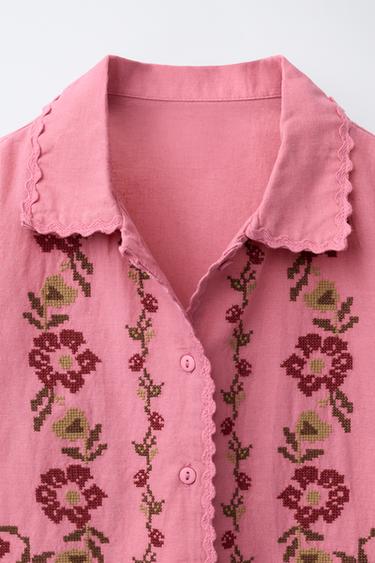 COTTON LINEN CROSS STITCH EMBROIDERED OVERSHIRT - Chalk pink by Zara - Image 2