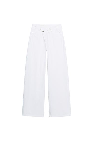 Front view of white wide-leg trousers with front pockets