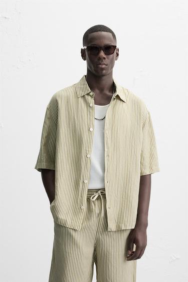 LINEN-VISCOSE STRIPE SHIRT - ecru/khaki by Zara