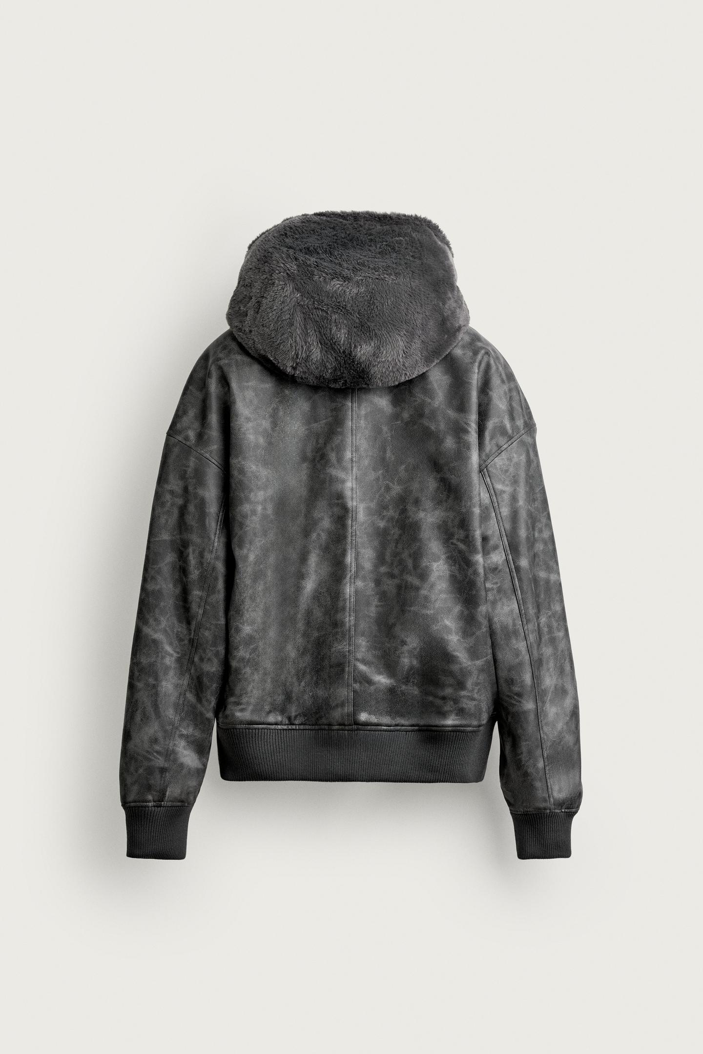 Мужская куртка Zara Reversible Faux Fur Bomber, цвет: Тёмный серый меланжевый — фото 10