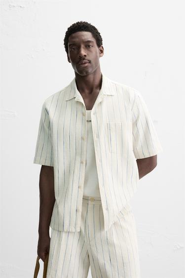 STRIPED TEXTURED SHIRT - Ecru / Blue by Zara