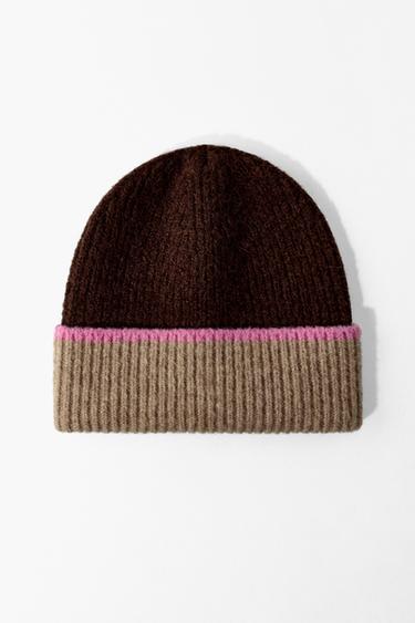 BONNET BEANIE À REVERS CONTRASTANT - Marron de Zara