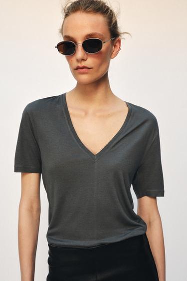 FLOWING V-NECK T-SHIRT - Dark charcoal grey by Zara