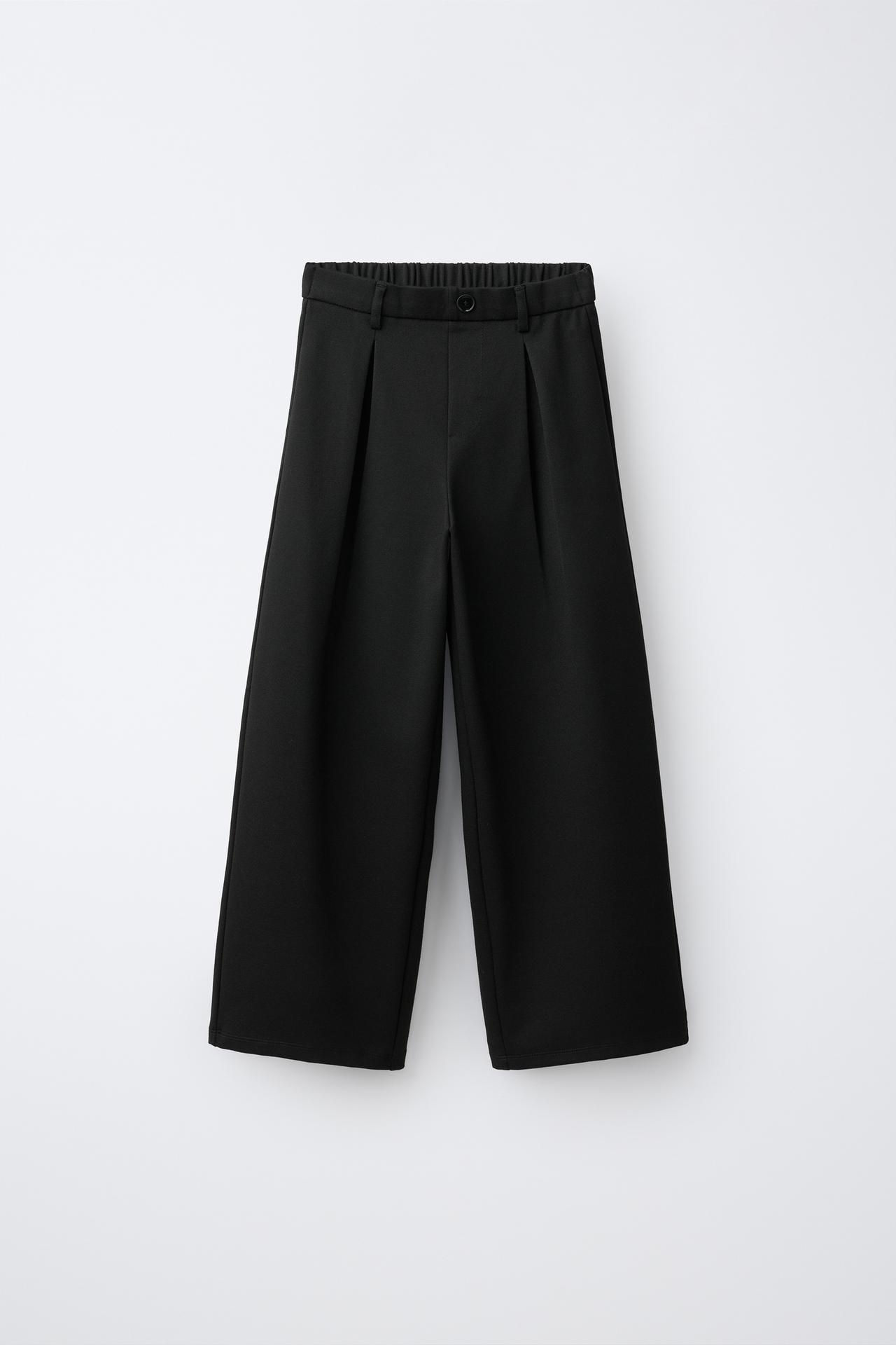 PLEATED WIDE LEG PANTS — Black