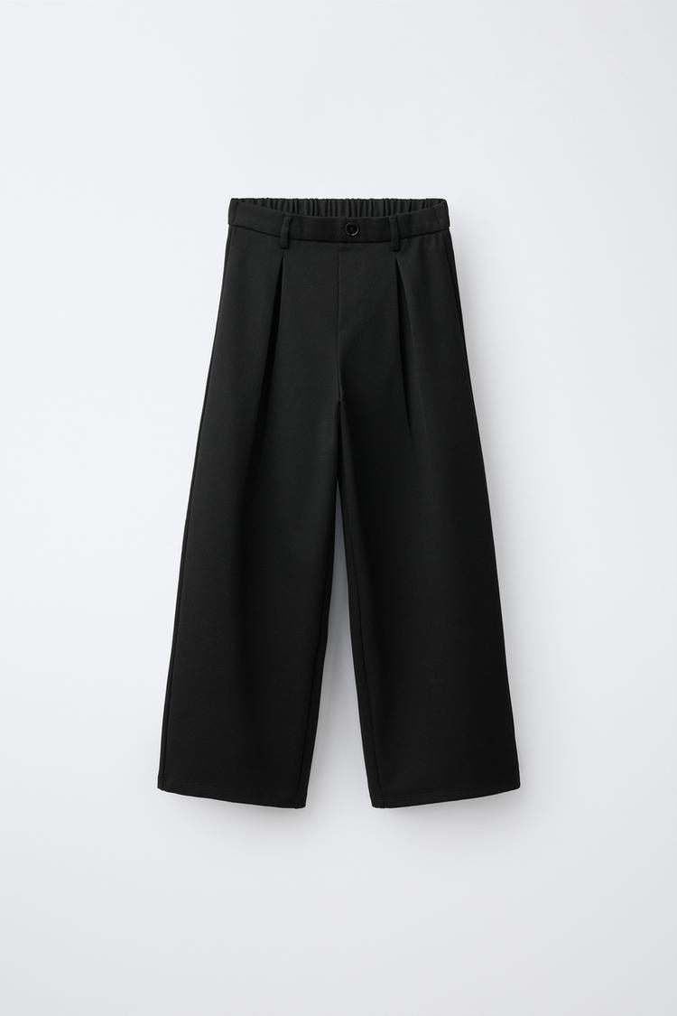 PLEATED WIDE LEG PANTS — Black