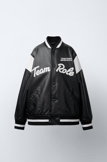 FAUX LEATHER BOMBER JACKET WITH EMBROIDERED TEXT - Black by Zara - Image 0