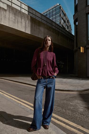 LADDER STITCH PEPLUM BLOUSE - Burgundy by Zara