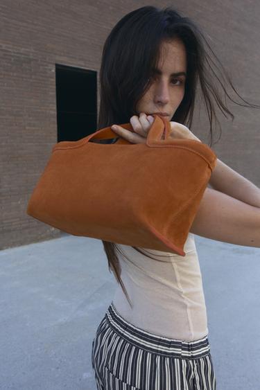 MINI TOPSTITCHED SPLIT SUEDE TOTE BAG - Orange by Zara