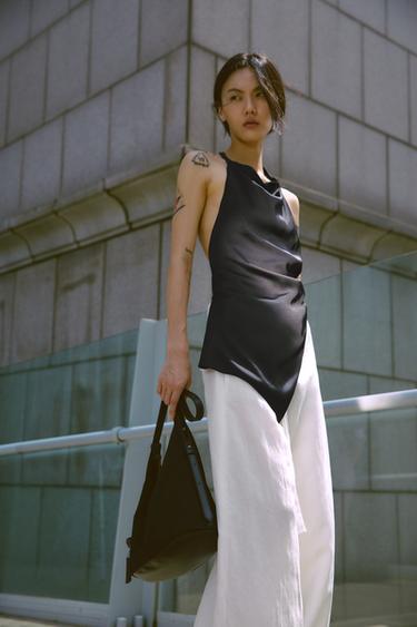 ASYMMETRIC SATIN HALTER TOP - Black by Zara