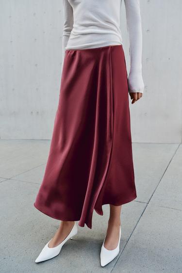 SATIN WRAP MIDI SKIRT — Burgundy 2