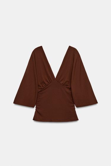 TEXTURED V-NECK TOP - Brown by Zara - Image 6