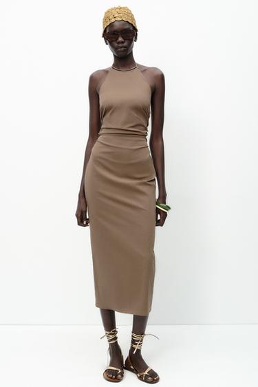 Zara HALTER MIDI DRESS WITH TRIM - Brown