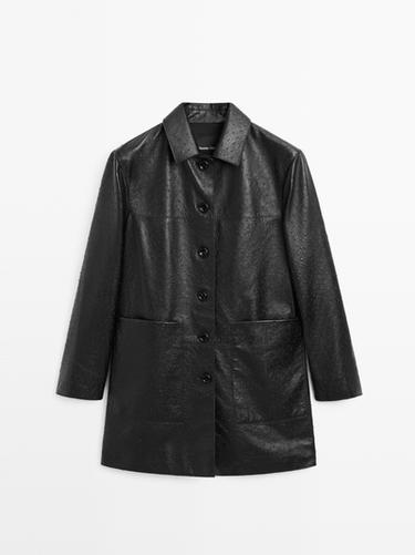 Zara Long textured nappa leather coat - Black