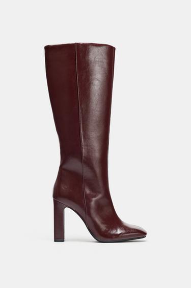 Zara WIDE HEELED BOOTS - Burgundy Red