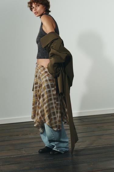 CHECK MIDI SKIRT - Khaki by Zara - Image 2