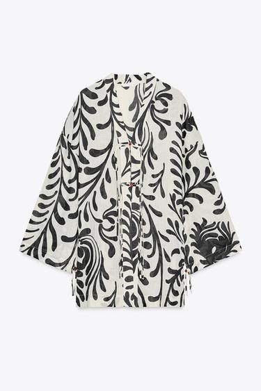 Zara ZW COLLECTION RAMIE PRINTED KIMONO - Light beige