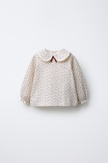FLORAL T-SHIRT WITH PETER PAN COLLAR - Ecru / Red by Zara