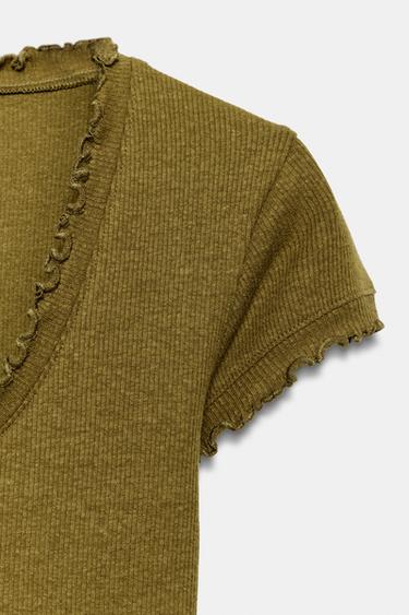 SHORT SLEEVE LINEN BLEND T-SHIRT - Olive green by Zara - Image 5