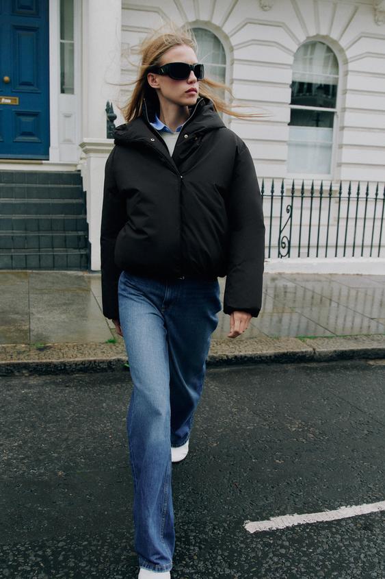 Zara SHORT WATER-REPELLENT WINDPROOF PADDED HOODIE ANORAK - Black - Image 0