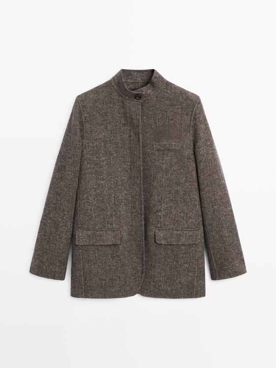 Wool blend twill coat with high collar